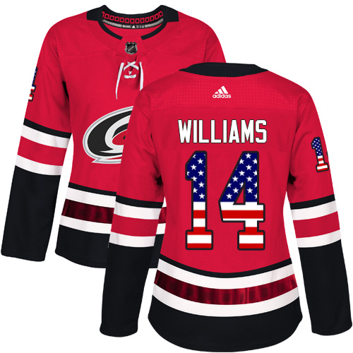 Adidas Hurricanes #14 Justin Williams Red Home Authentic USA Flag Women's Stitched NHL Jersey - Click Image to Close